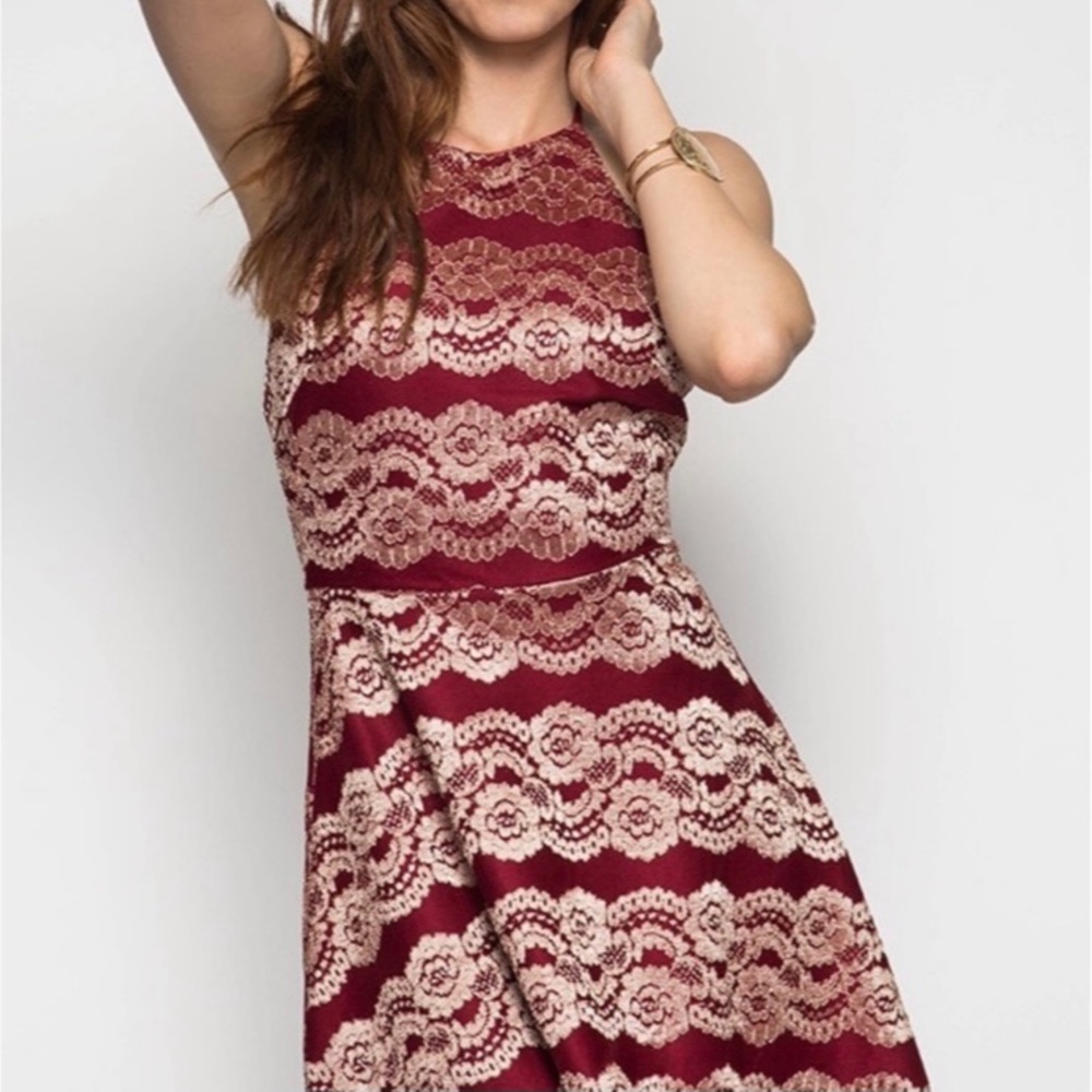 She + Sky Maroon & Gold Halter Skater Dress